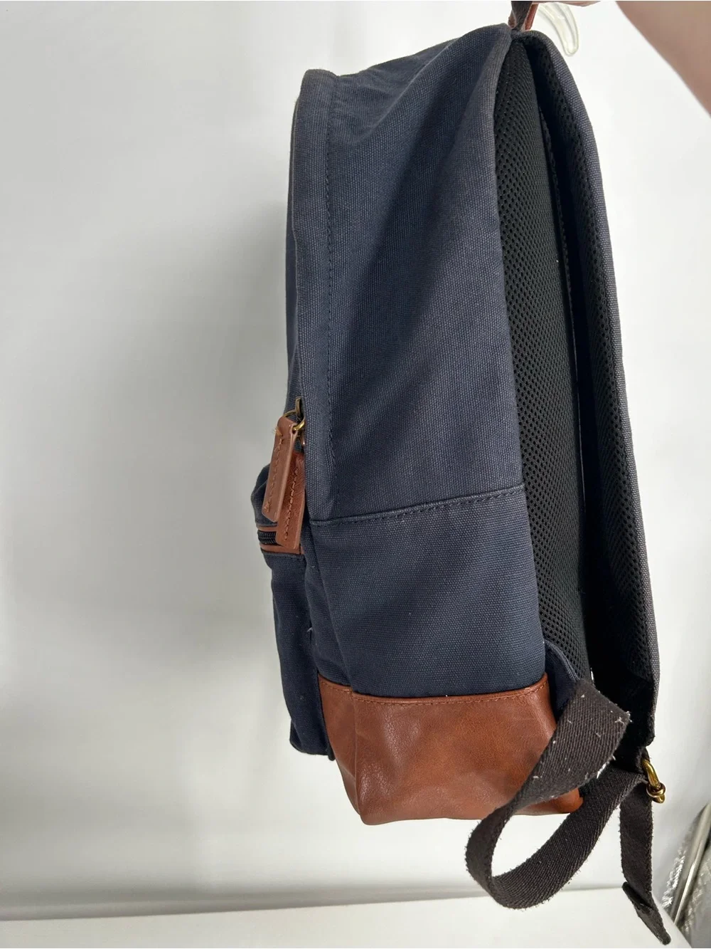 Fossil Backpack Canvas Leather 2 Tone Navy/Brown Pockets School Bag Casual